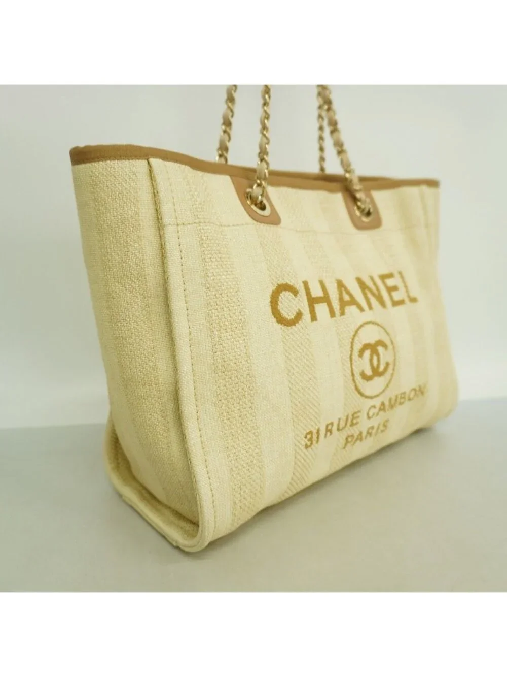 Chanel Chain Tote Deauville Straw Beige Champagne Gold